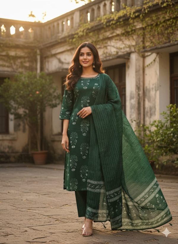 Women’s Deep Green Printed Straight Kurta Set with Matching Dupatta