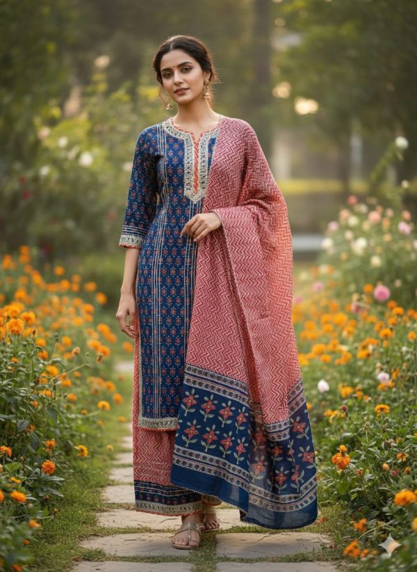 Navy Blue Floral Printed Straight Kurta Set with Contrast Dupatta