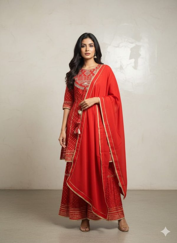 Red Festive Printed Kurta Set with Dupatta