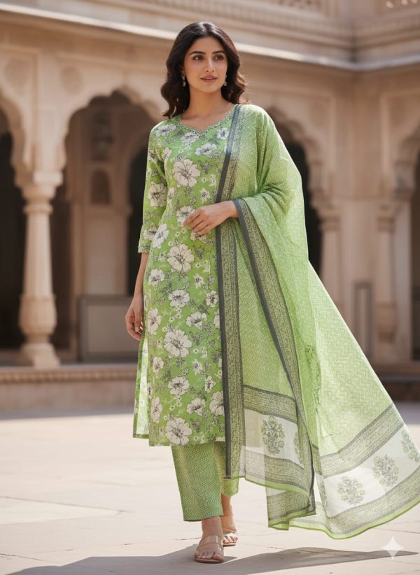 Green Floral Printed Kurta Set with Dupatta
