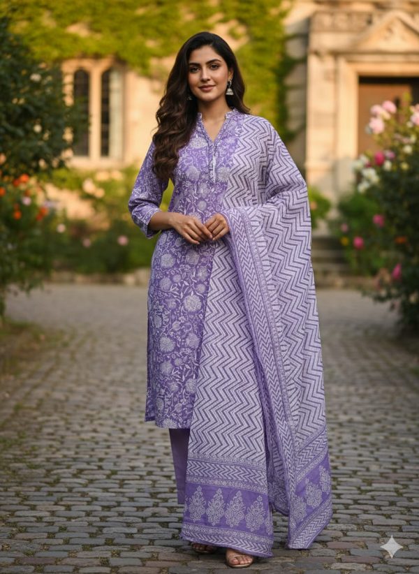 Lavender Printed Kurta Set with Dupatta